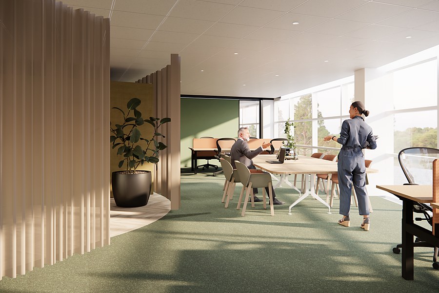 Interieurvisualisatie van een open vergaderzone met lange tafel, groene vloerafwerking en gebogen lamellenwand.