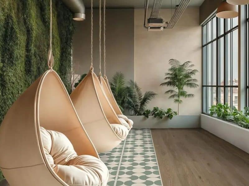 Hangstoelen bij een groene plantenwand, met een baan gepatroneerde tegels naast een houtkleurige vloer